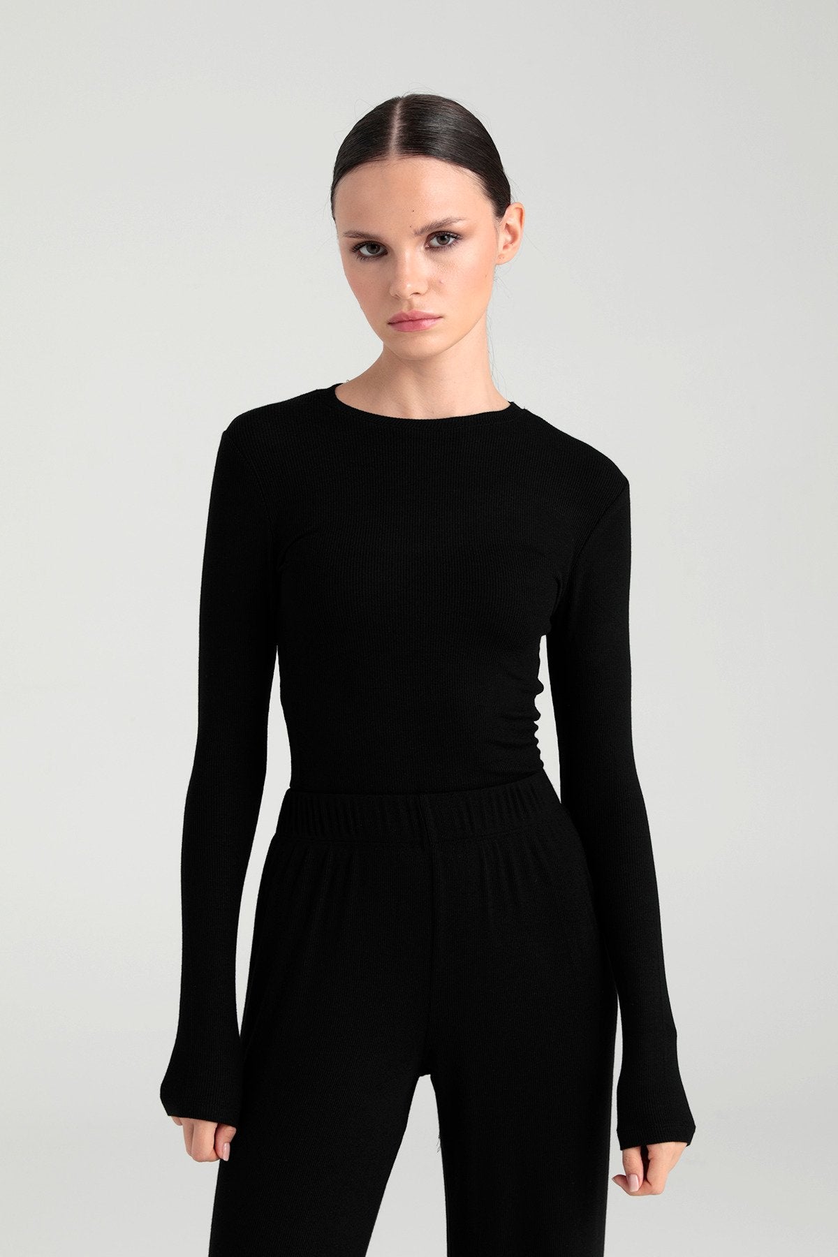 Soft Rib Yuvarlak Yaka Bluz Siyah