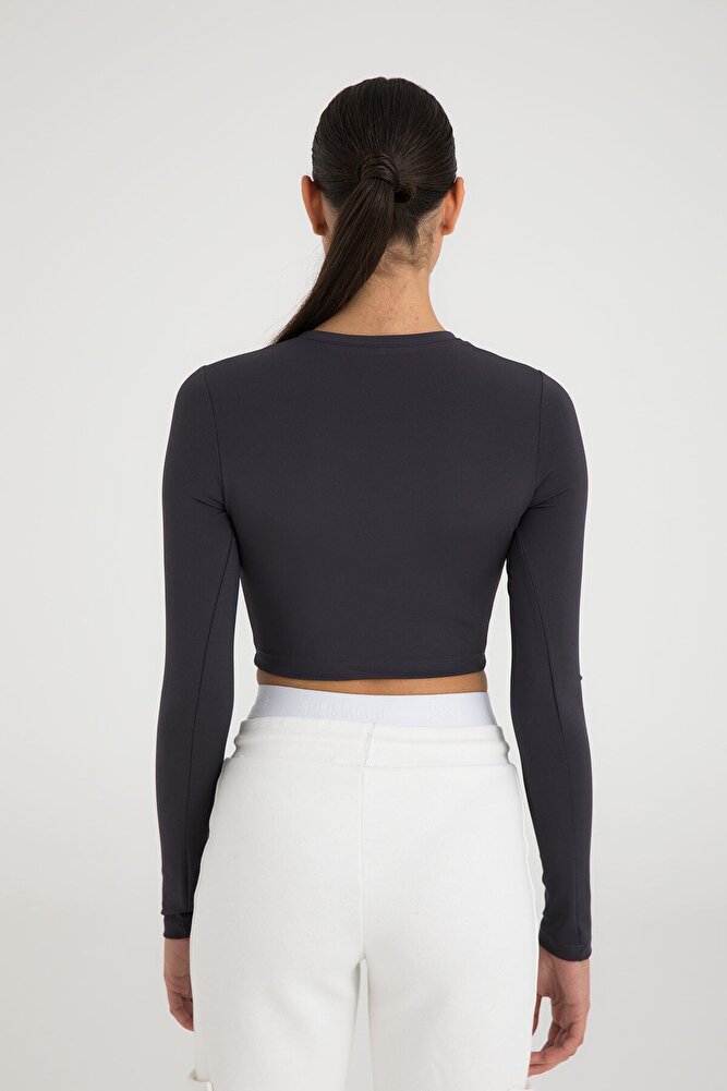 Soft Touch Yuvarlak Yaka Kısa Bluz Füme