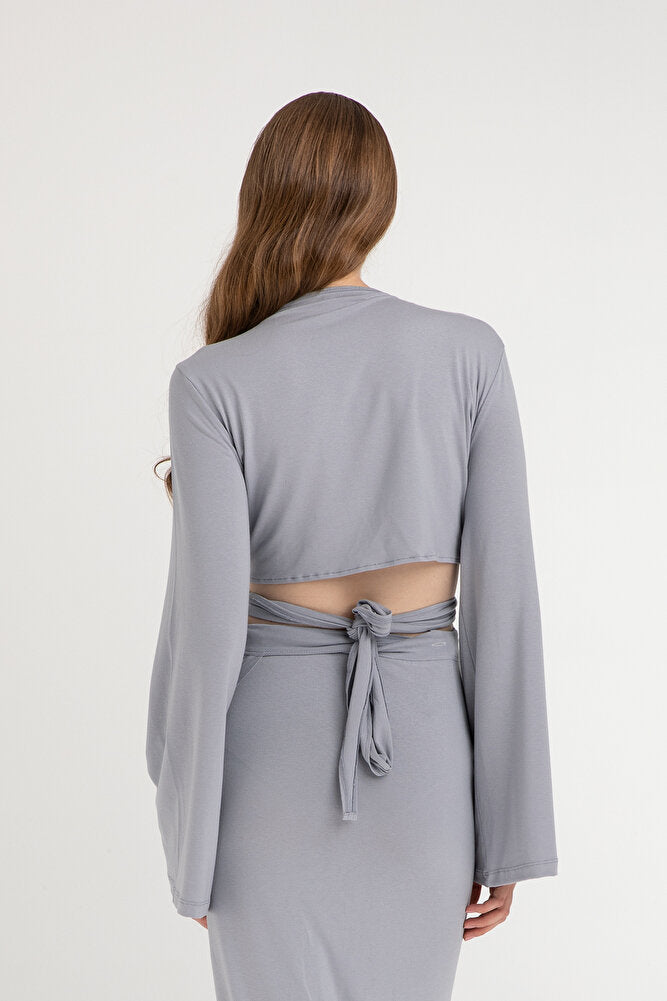 Ultra Soft Bağlamalı Volan Kol Bluz Gri