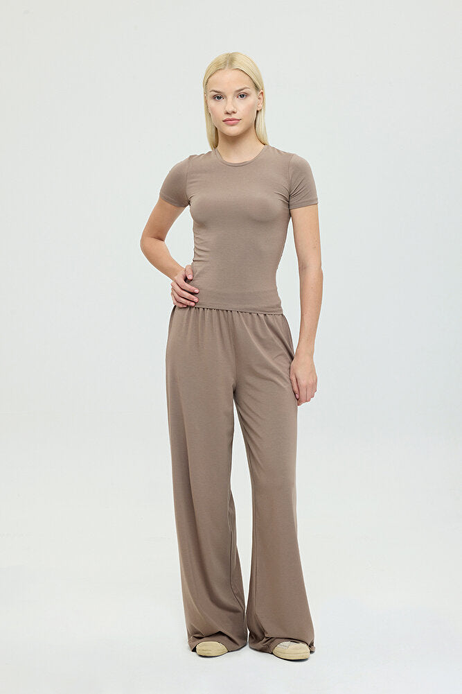 Ultra Soft Yuvarlak Yaka Kısa Kol Bluz Vizon