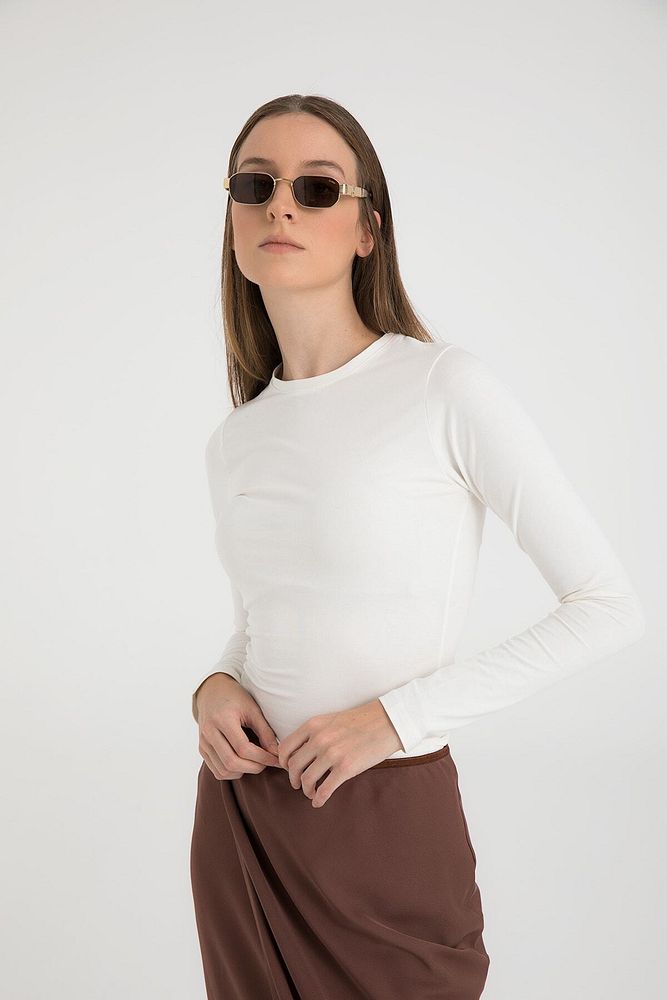 Cotton Yuvarlak Yaka Bluz Ekru