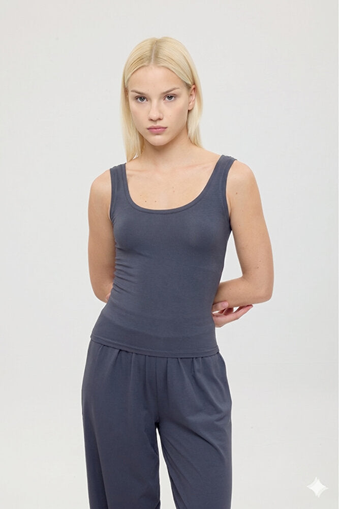 Ultra Soft Oval Yaka Kolsuz Bluz Füme