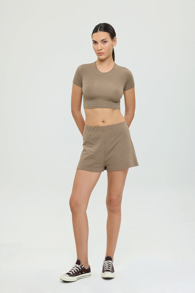 Soft Touch Lastikli Şort Vizon