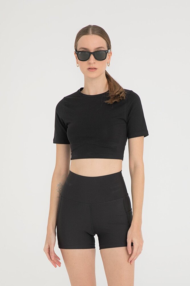 Cotton Yuvarlak Yaka Kısa Kol Crop Top Siyah