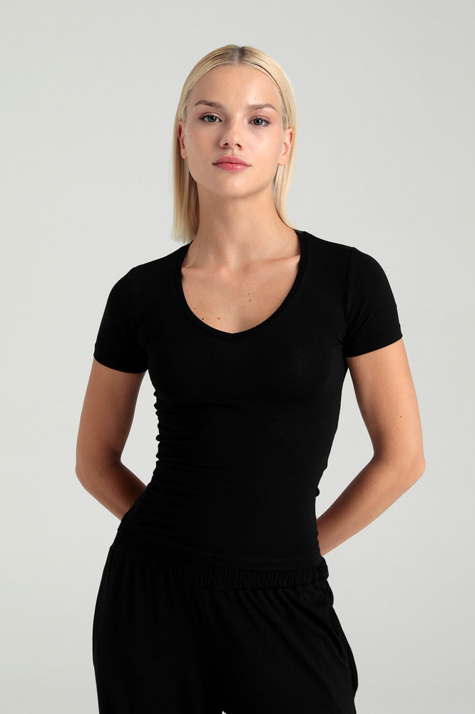 Ultra Soft V Yaka Kısa Kol Bluz Siyah