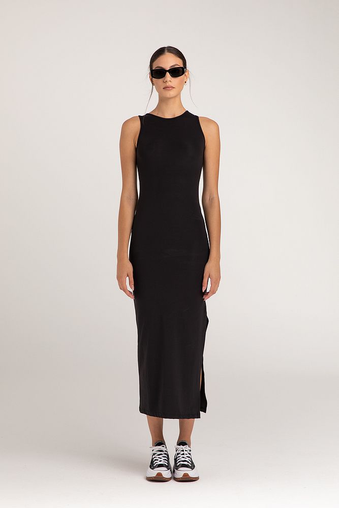 Soft Touch Yırtmaç Detaylı Kolsuz Elbise Siyah