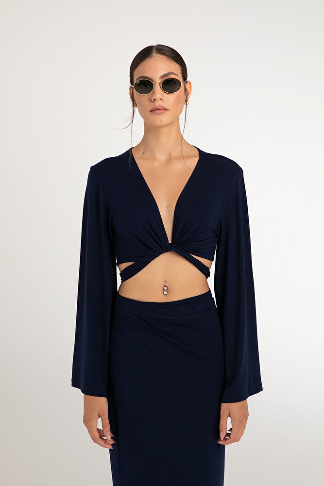 Ultra Soft Bağlamalı Volan Kol Bluz Lacivert