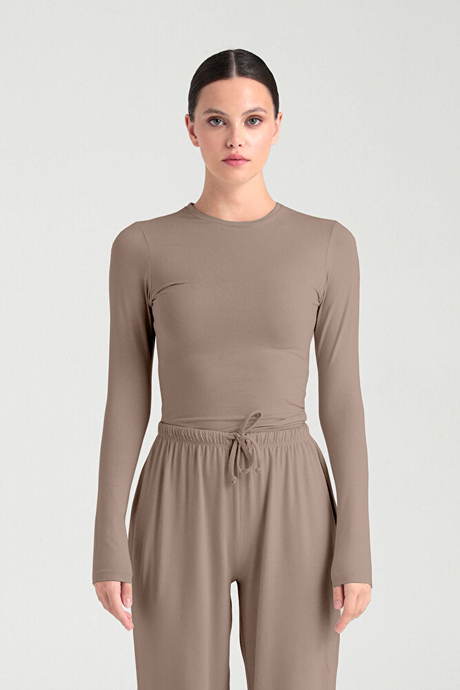 Ultra Soft Yuvarlak Yaka Bluz Vizon