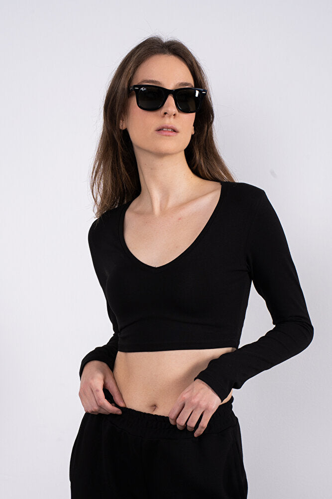 Cotton V Yaka Kısa Bluz Siyah