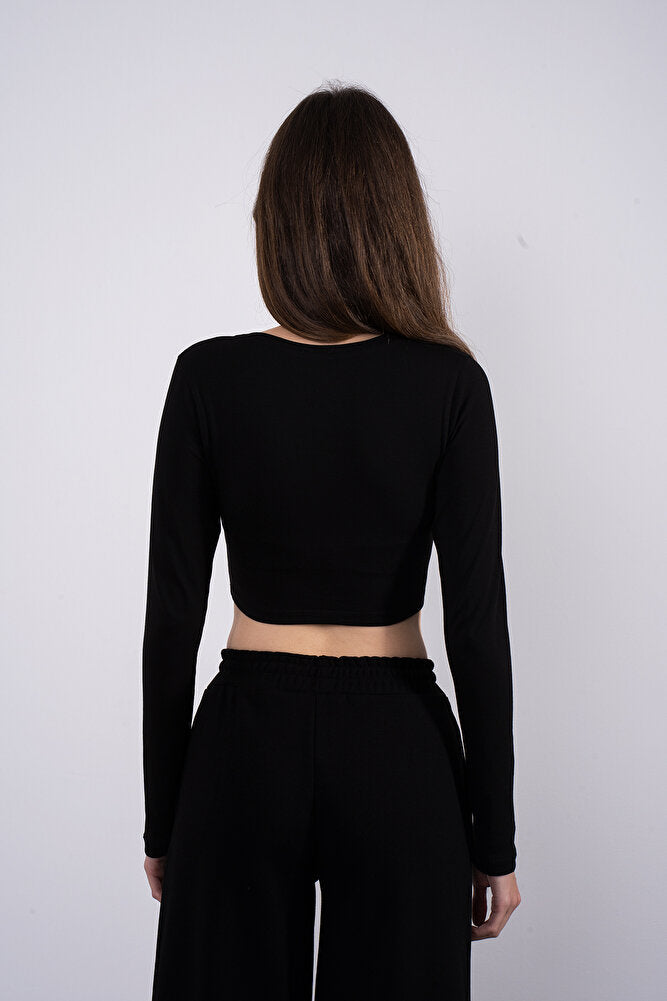 Cotton V Yaka Kısa Bluz Siyah