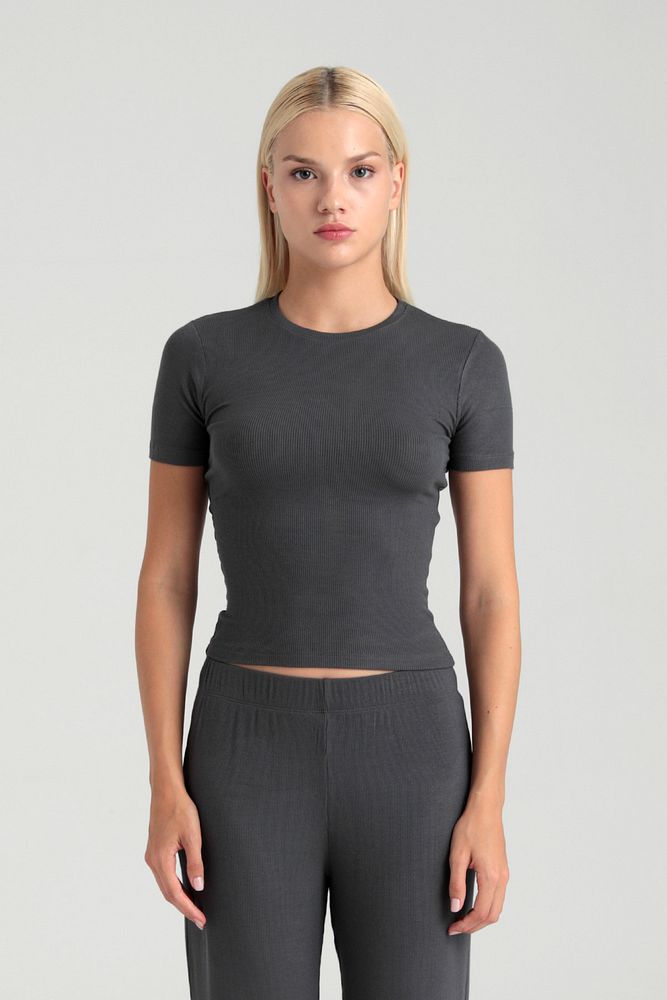 Soft Rib Yuvarlak Yaka Kısa Kol Bluz Füme