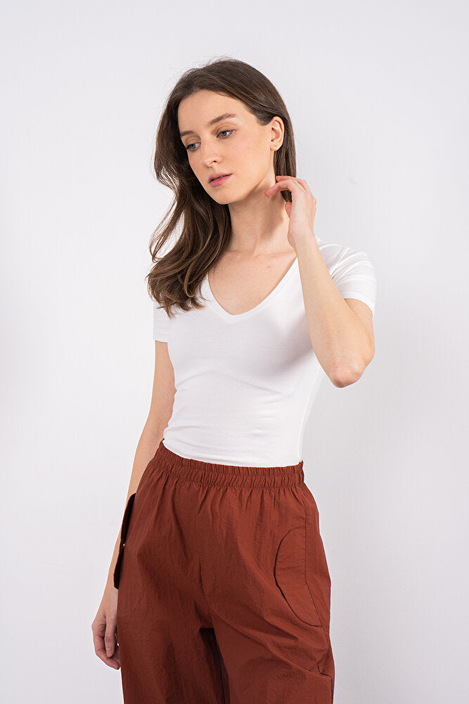 Cotton V Yaka Kısa Kol Bluz Ekru