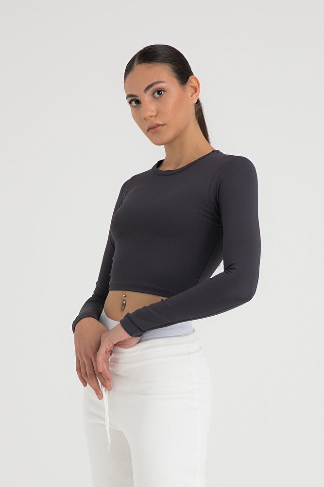 Soft Touch Yuvarlak Yaka Kısa Bluz Füme