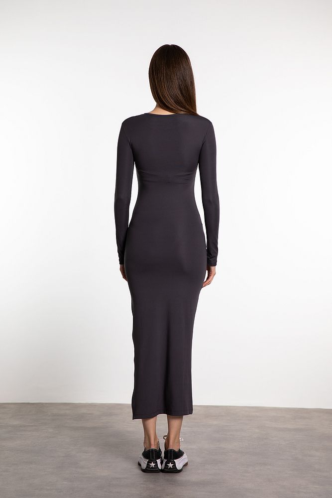 Soft Touch Uzun Kollu Yırtmaç Detaylı Elbise Füme