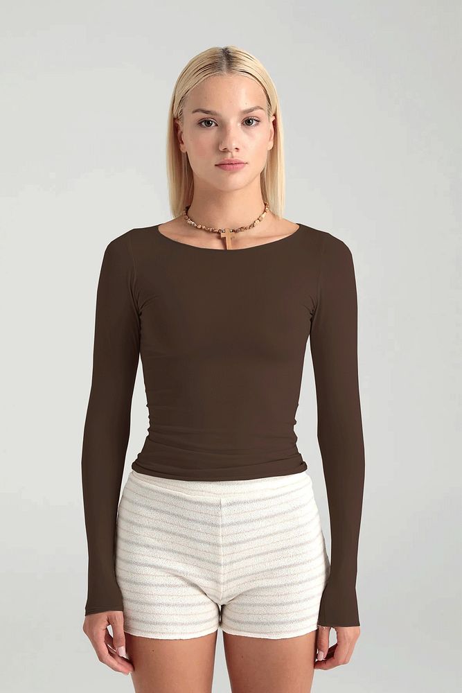 Cotton Kayık Yaka Bluz Kahverengi