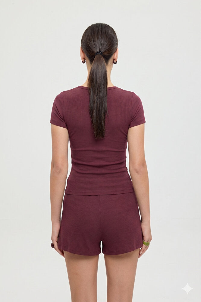 Ultra Soft V Yaka Kısa Kol Bluz Bordo