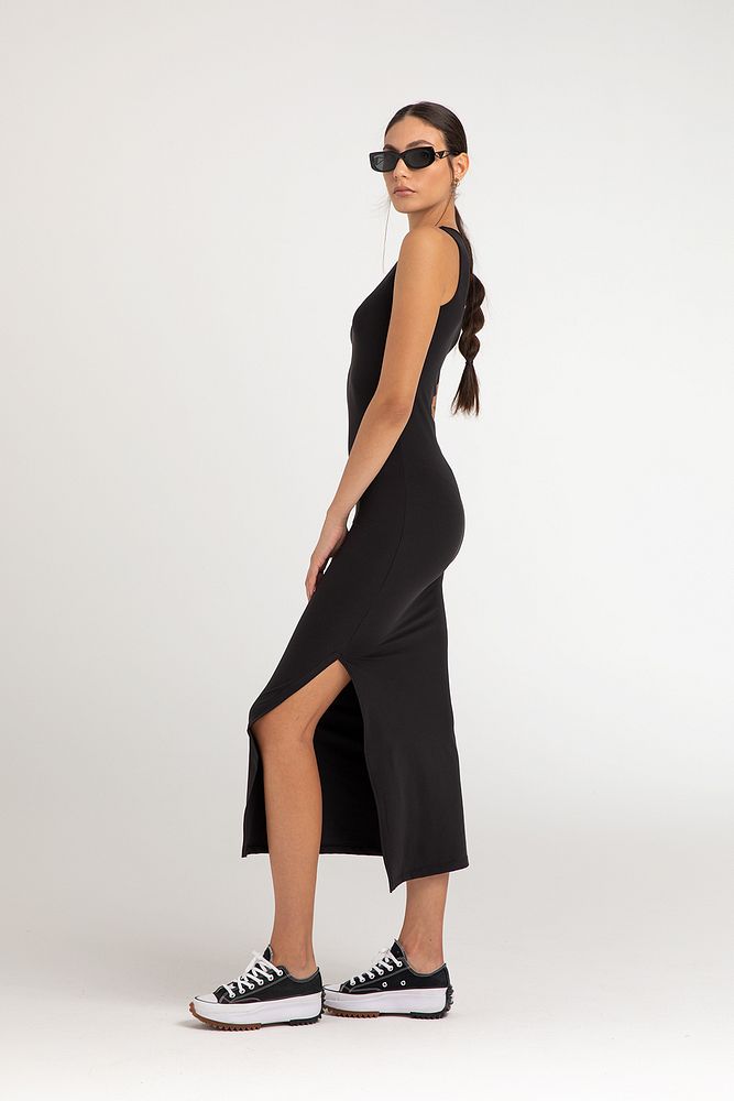 Soft Touch Yırtmaç Detaylı Kolsuz Elbise Siyah