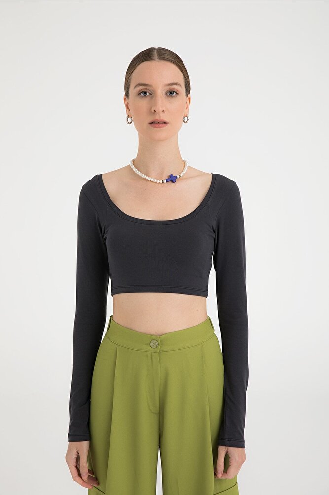 Cotton Oval Yaka Kısa Bluz Füme