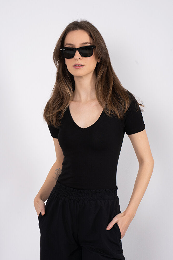 Cotton V Yaka Kısa Kol Bluz Siyah