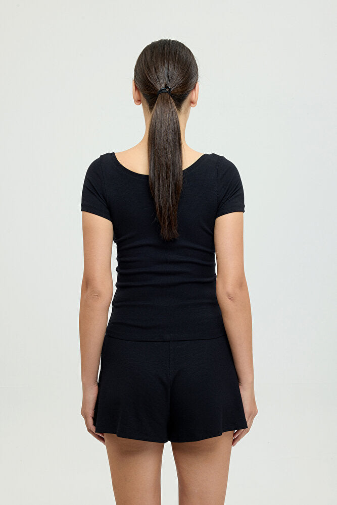 Soft Rib Oval Yaka Kısa Kol Bluz Siyah