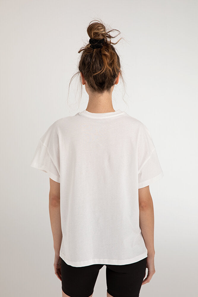 Cotton Oversize/geniş Kalıp Bisiklet Yaka Basic T-shirt Ekru