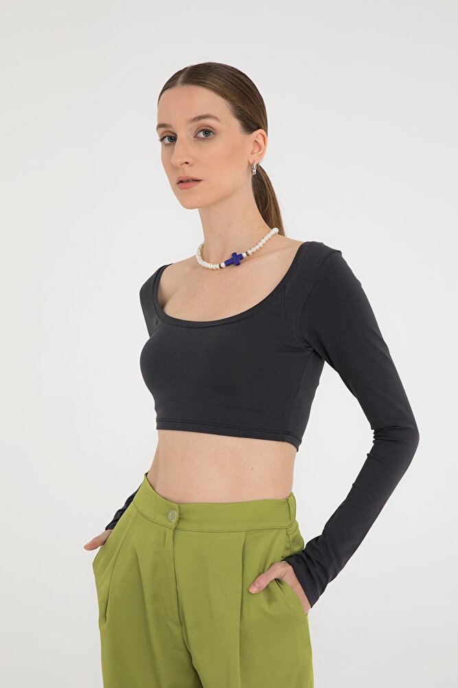 Cotton Oval Yaka Kısa Bluz Füme