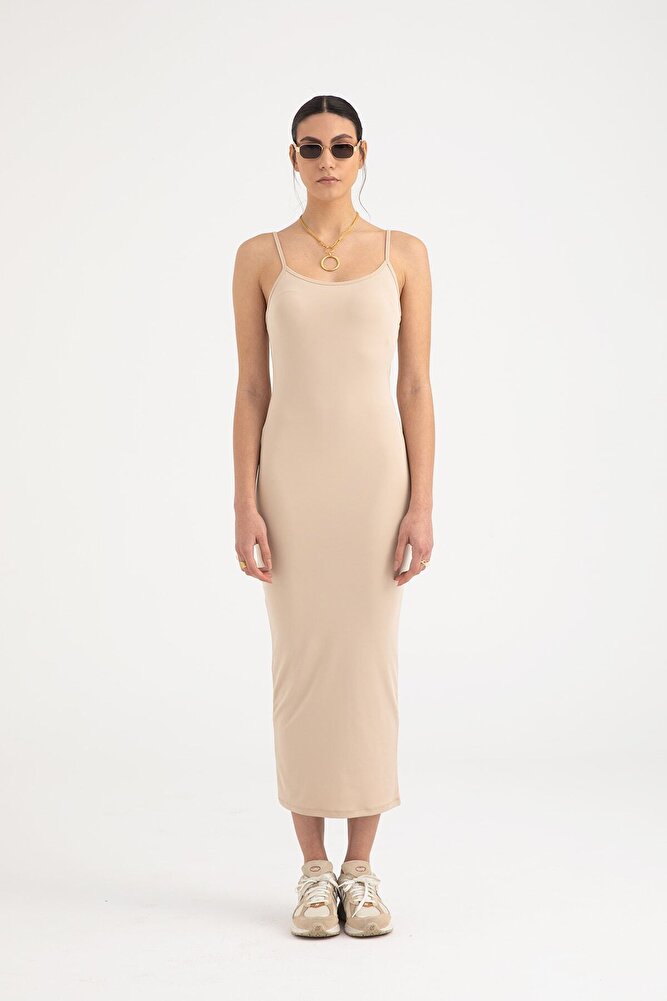 Soft Touch Ip Askılı Elbise Bej