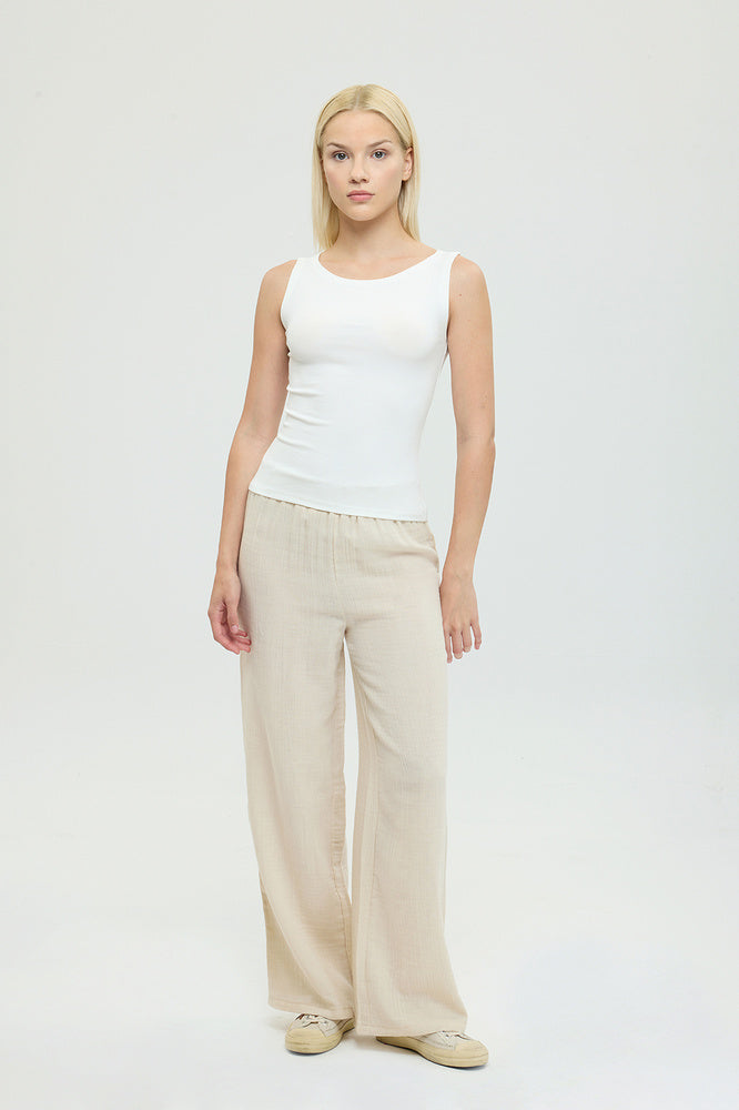 Soft Rib Kayık Yaka Kolsuz Bluz Ekru