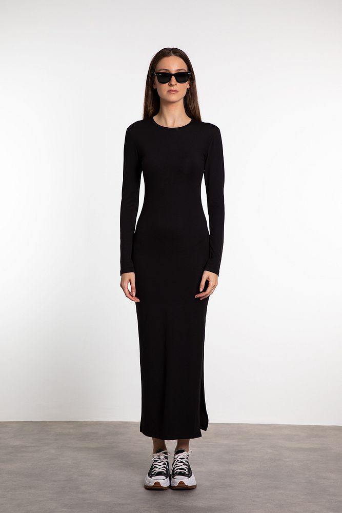 Soft Touch Uzun Kollu Yırtmaç Detaylı Elbise Siyah