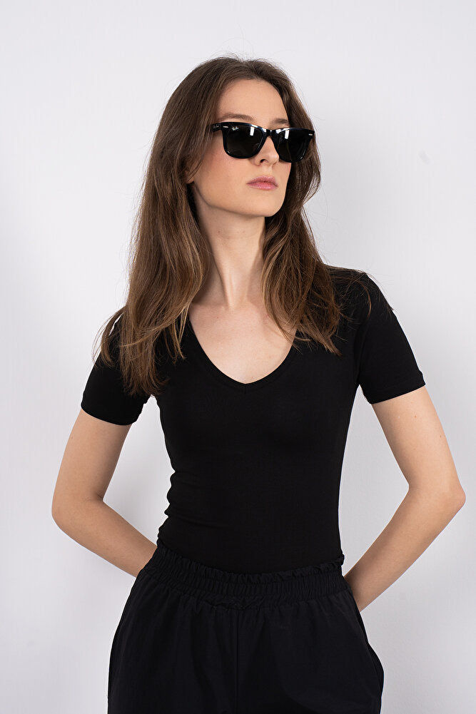 Cotton V Yaka Kısa Kol Bluz Siyah