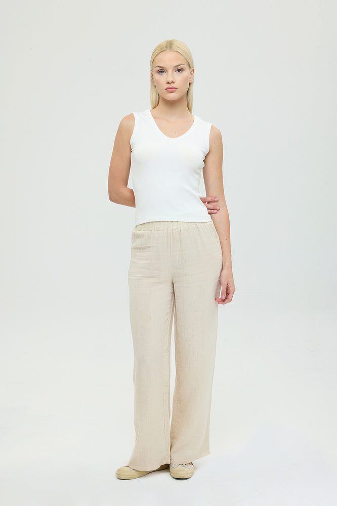 Soft Rib V Yaka Kolsuz Bluz Ekru