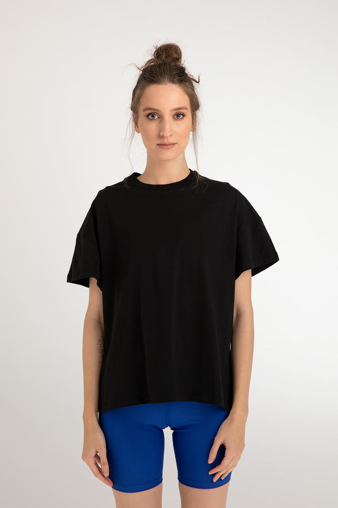 Cotton Oversize/geniş Kalıp Bisiklet Yaka Basic T-shirt Siyah