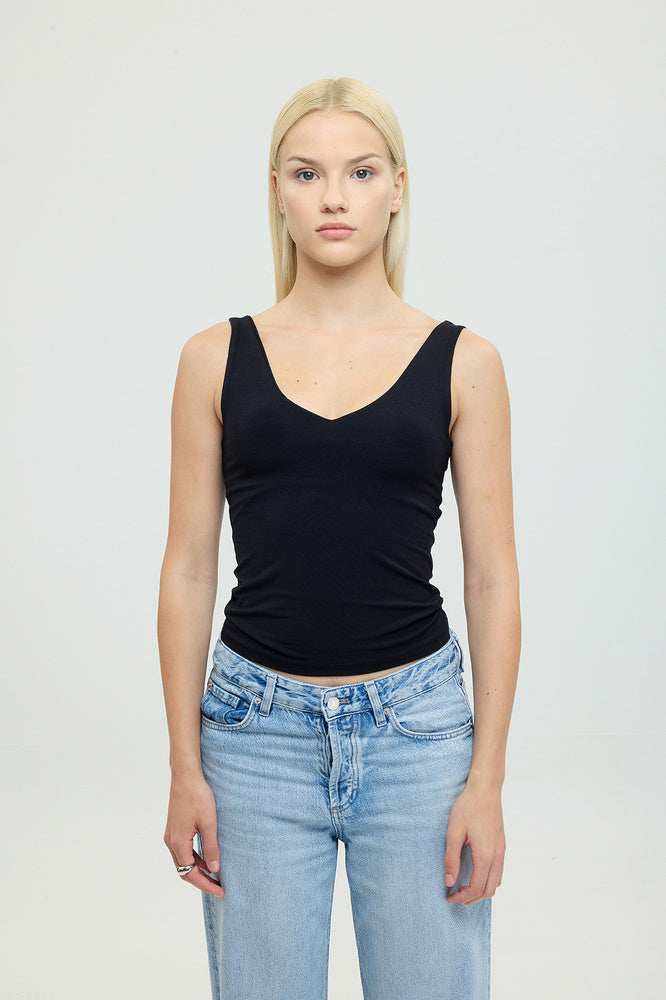 Ultra Soft V Yaka Tulum Kolsuz Bluz Siyah