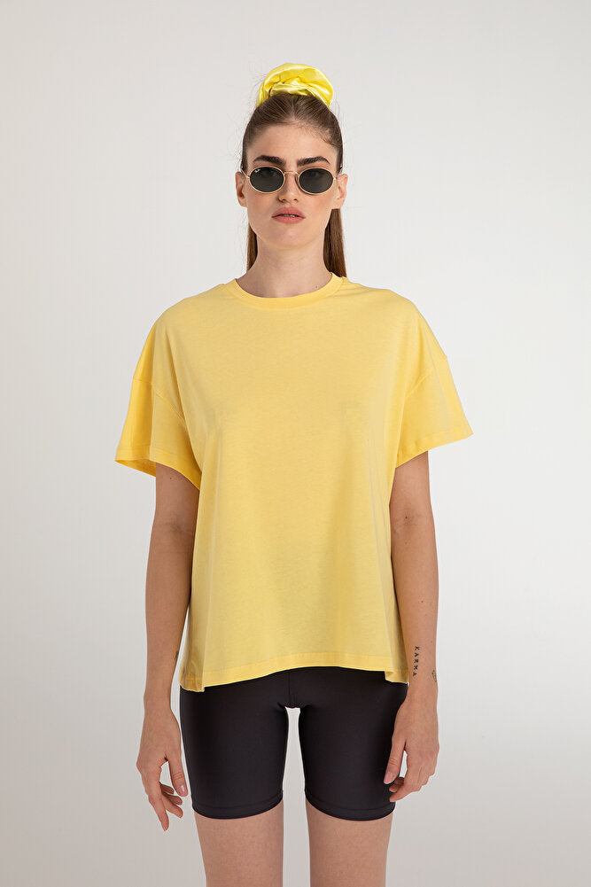 Cotton Oversize Bisiklet Yaka Basic T-shirt Sarı