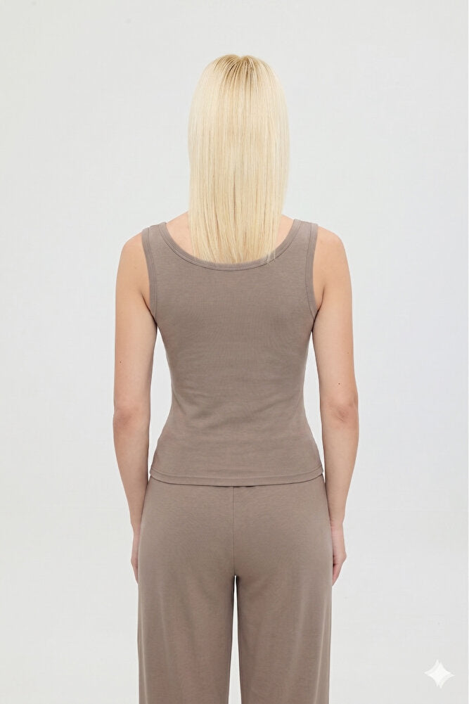 Ultra Soft Oval Yaka Kolsuz Bluz Vizon