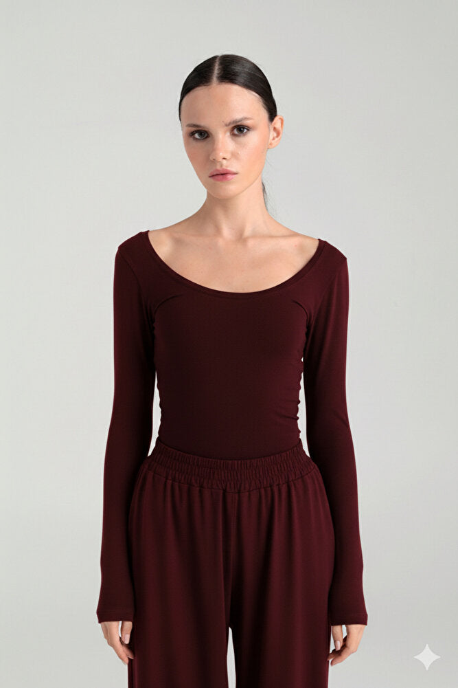 Ultra Soft Oval Yaka Bluz Bordo