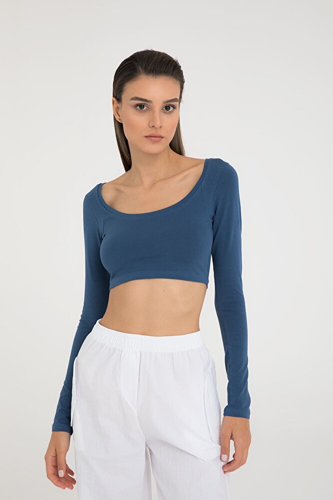 Cotton Oval Yaka Kısa Bluz İndigo