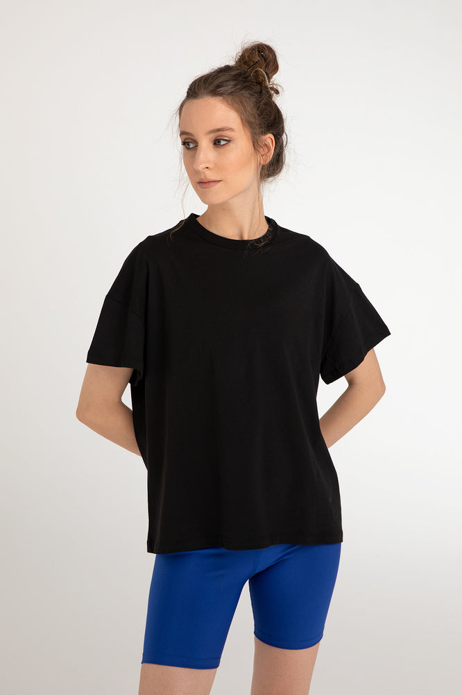 Cotton Oversize/geniş Kalıp Bisiklet Yaka Basic T-shirt Siyah