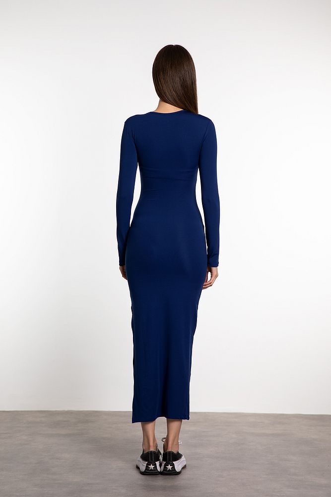 Soft Touch Uzun Kollu Yırtmaç Detaylı Elbise Lacivert