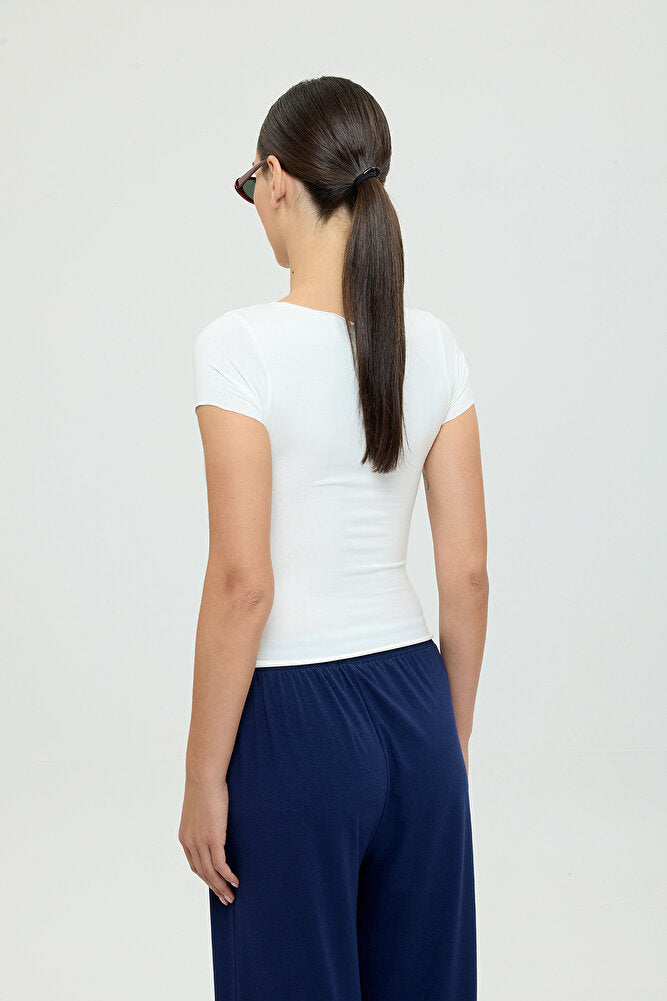 Ultra Soft Kayık Yaka Kısa Kol Bluz Ekru