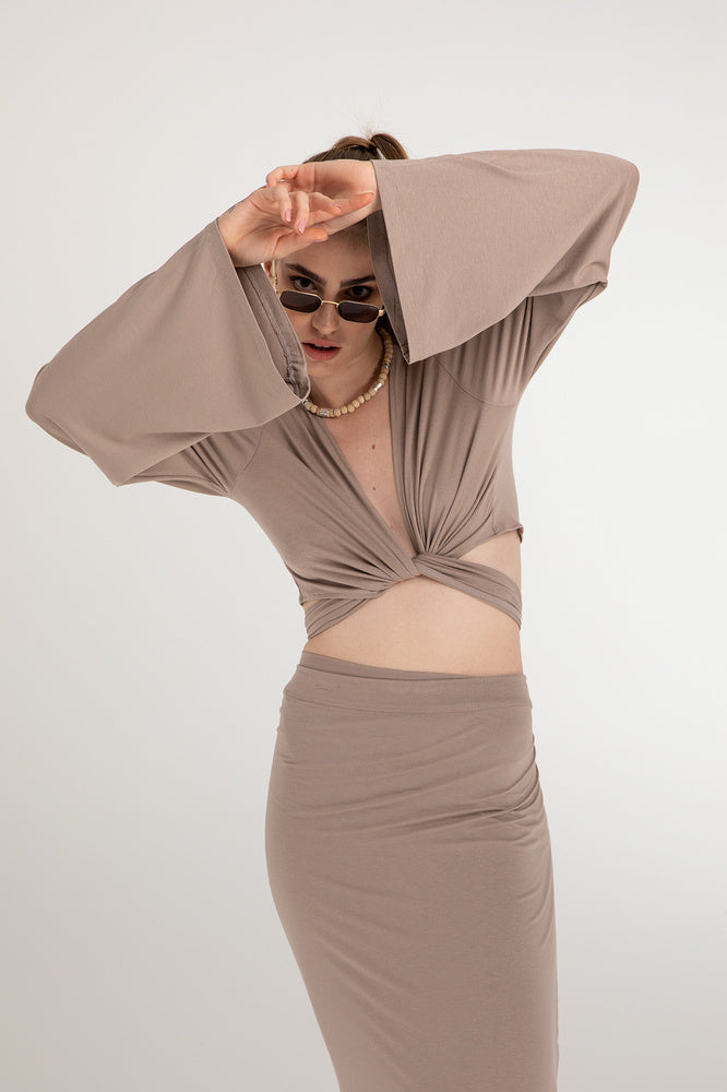 Ultra Soft Bağlamalı Volan Kol Bluz Vizon