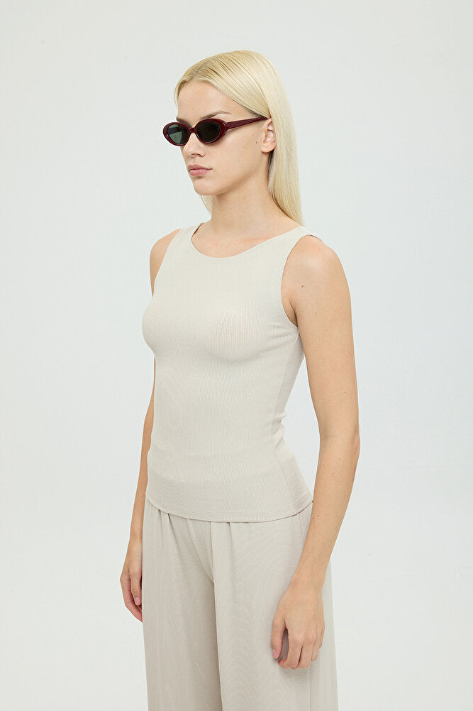 Soft Rib Kayık Yaka Kolsuz Bluz Bej