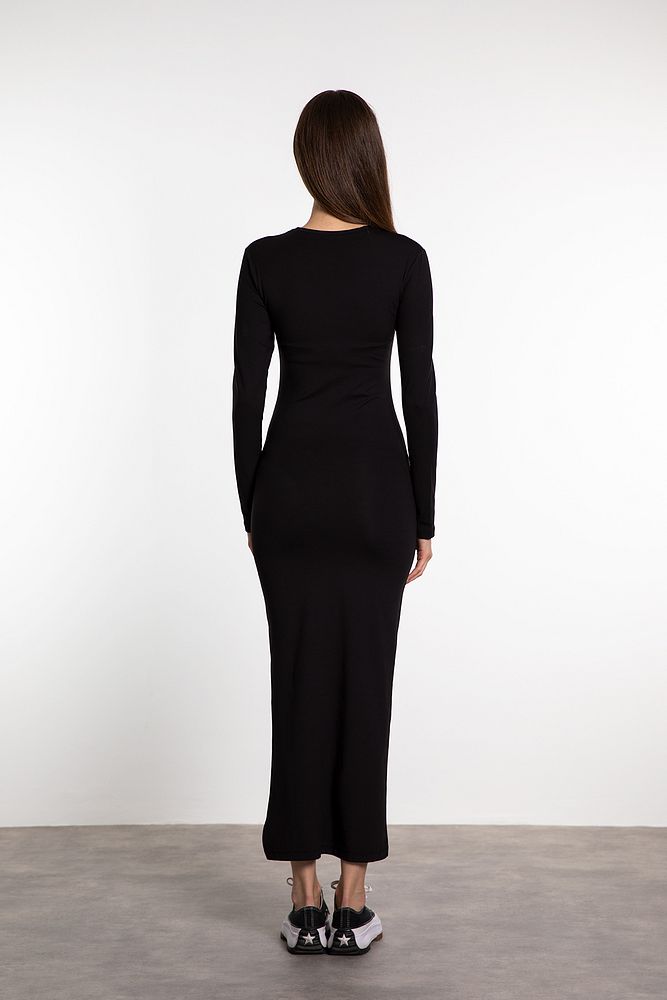 Soft Touch Uzun Kollu Yırtmaç Detaylı Elbise Siyah