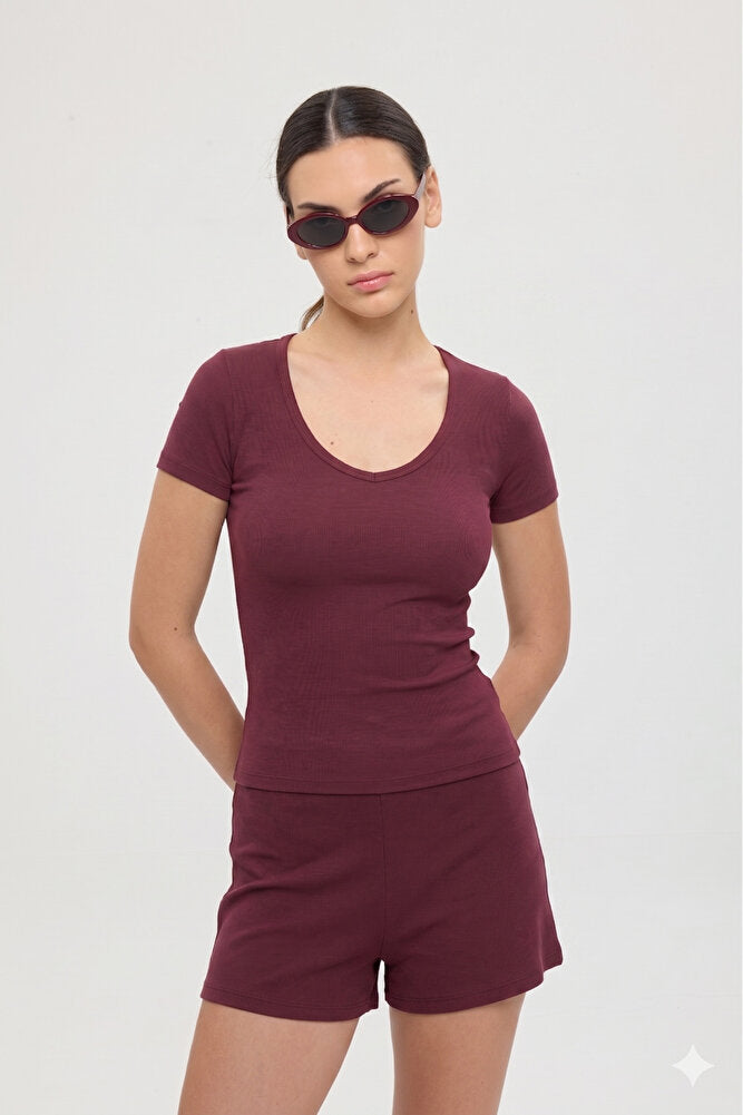 Ultra Soft V Yaka Kısa Kol Bluz Bordo