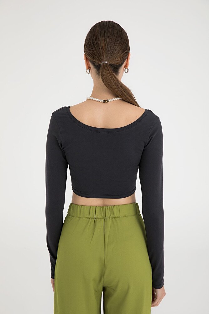 Cotton Oval Yaka Kısa Bluz Füme