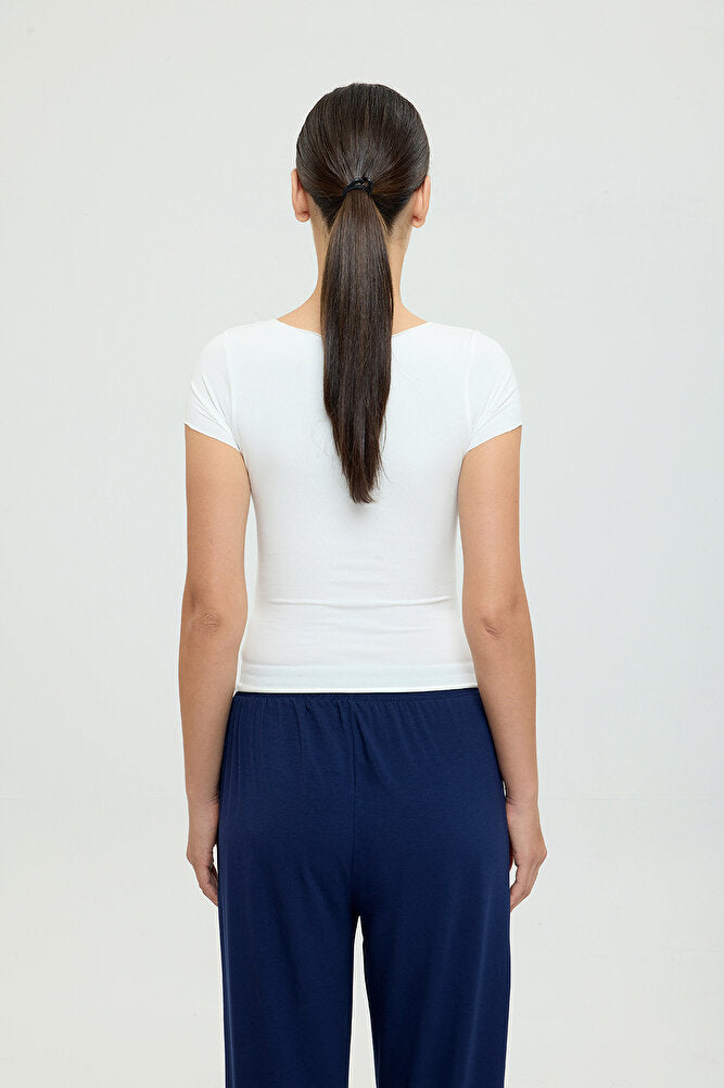 Ultra Soft Kayık Yaka Kısa Kol Bluz Ekru