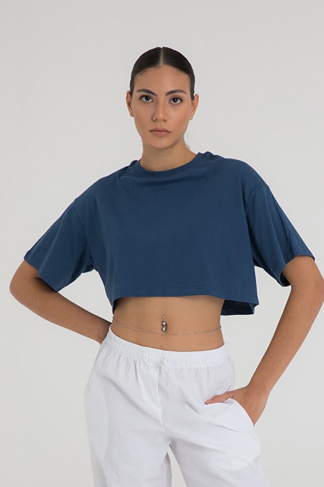 Cotton Oversize Kısa Kollu Crop T-shirt İndigo