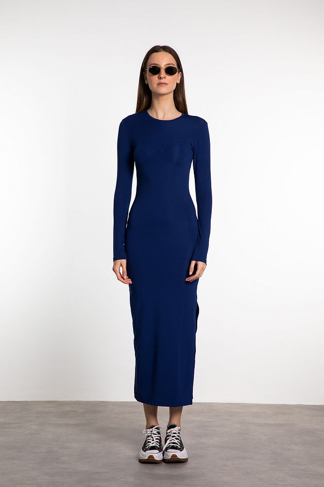 Soft Touch Uzun Kollu Yırtmaç Detaylı Elbise Lacivert