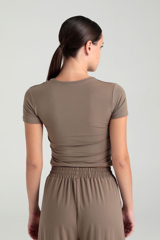 Soft Touch Yuvarlak Yaka Kısa Kol Bluz Vizon