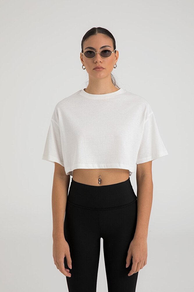 Cotton Oversize Kısa Kollu Crop T-shirt Ekru